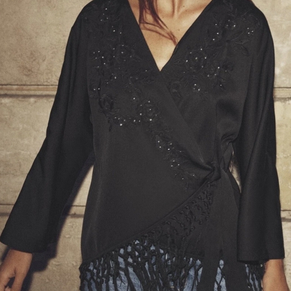 Zara Elegant Black Floral Wrap Blouse